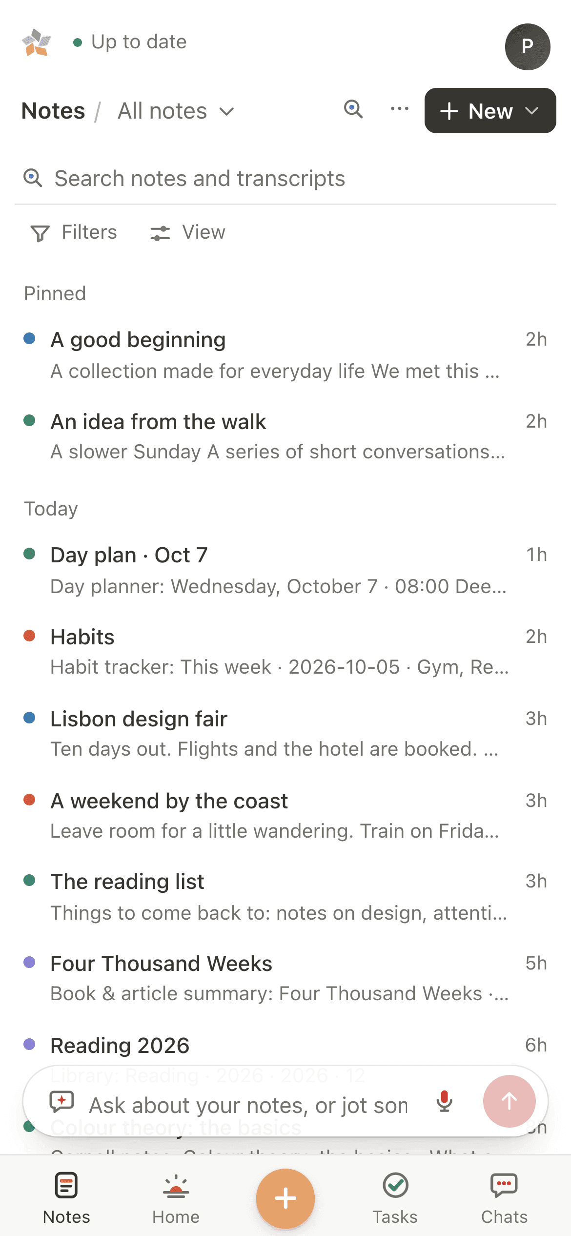 Everyday Paper on a phone: the notes list, the ask bar, and the Notes, Home, new note, Tasks and Chats tabs