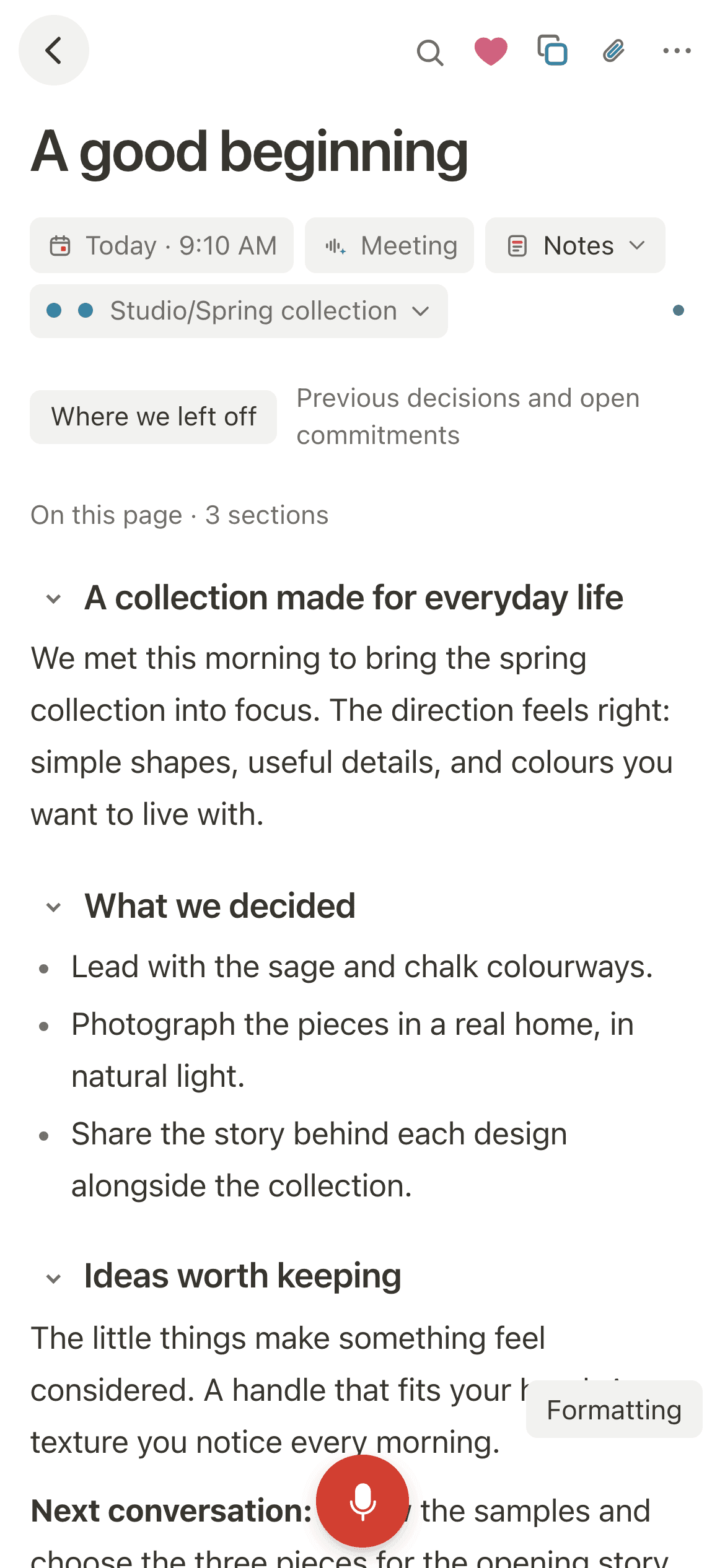 Everyday Paper on a phone: a meeting note with its sections and the Record button