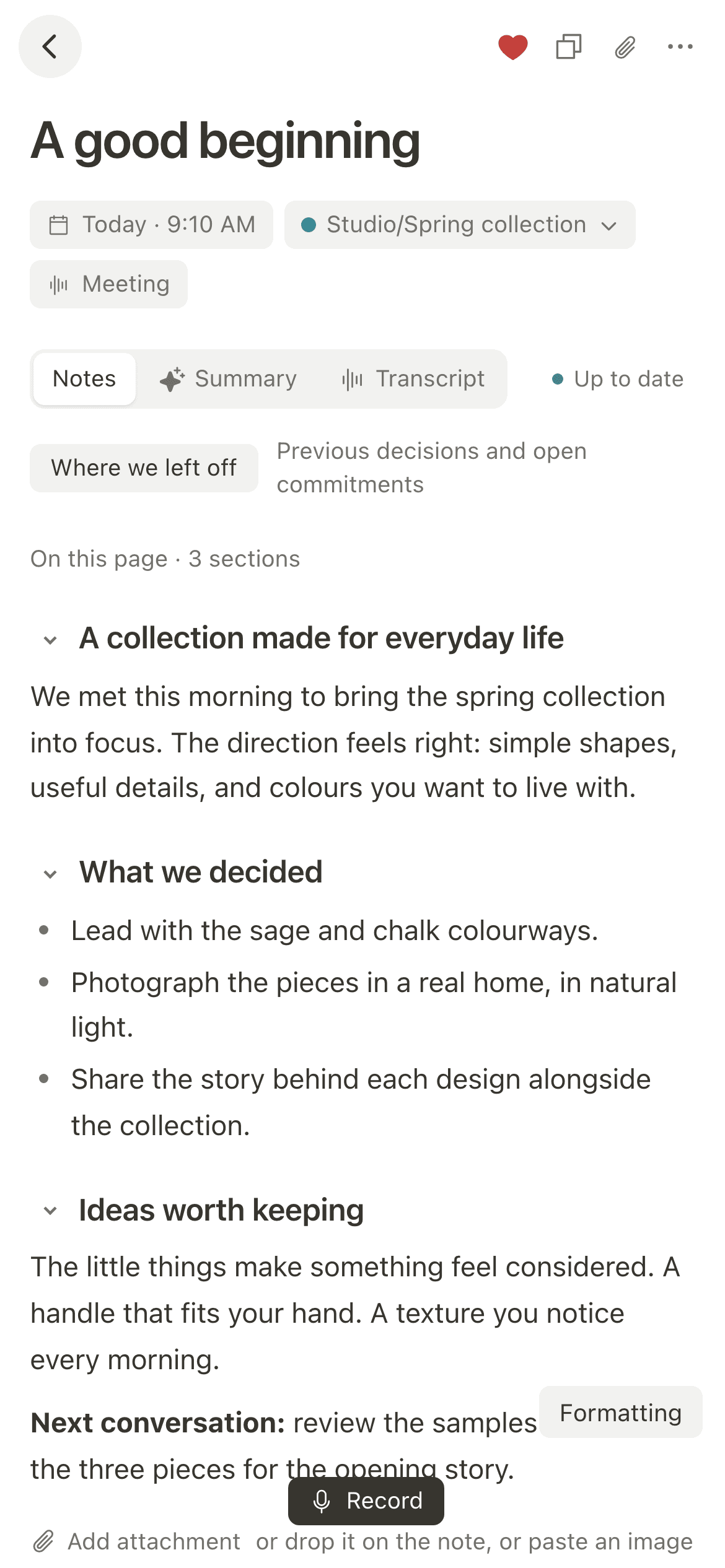 Everyday Paper on a phone: a meeting note with its sections