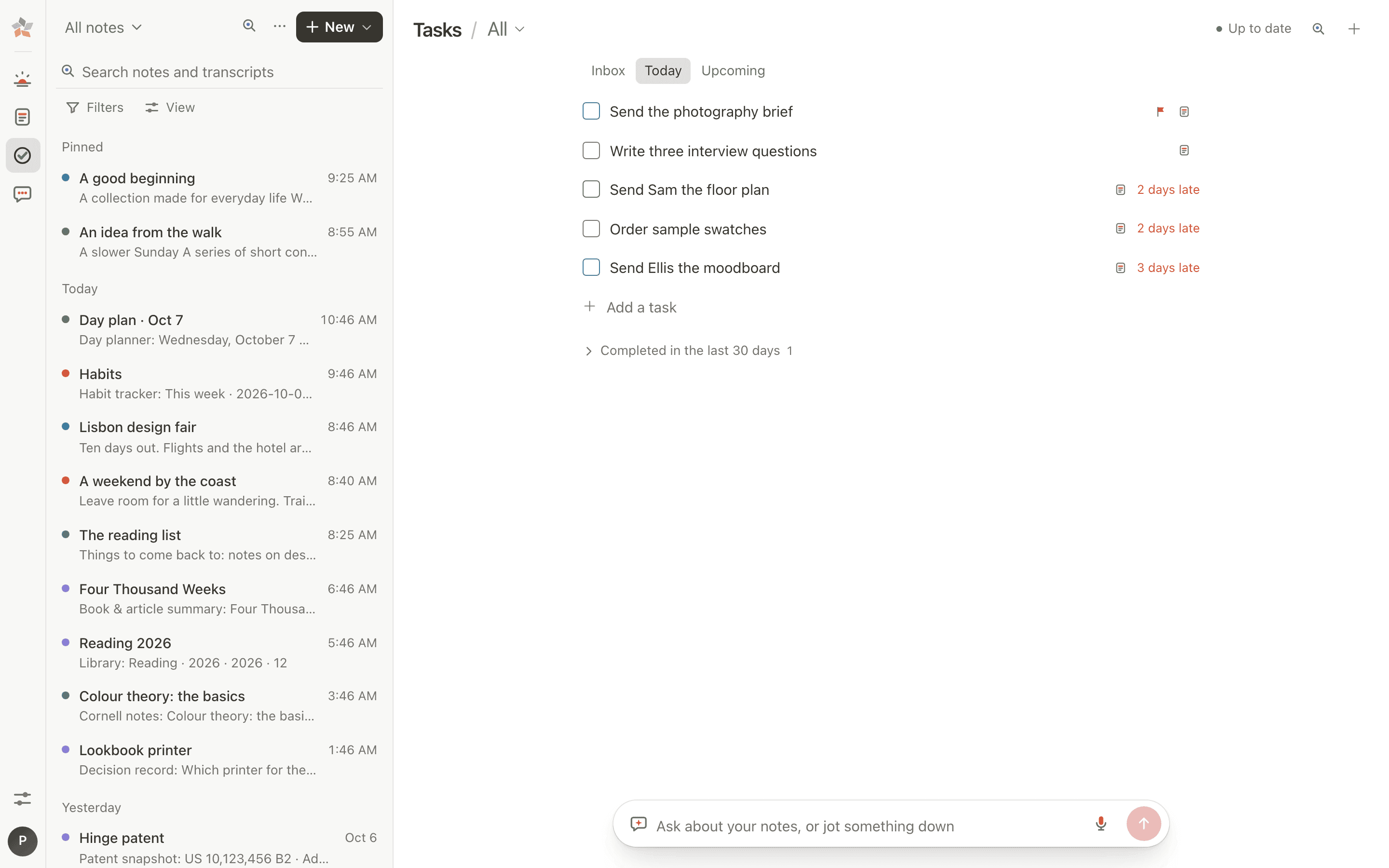 Tasks for today, with Inbox, Today and Upcoming, a high-priority flag and late tasks marked in red