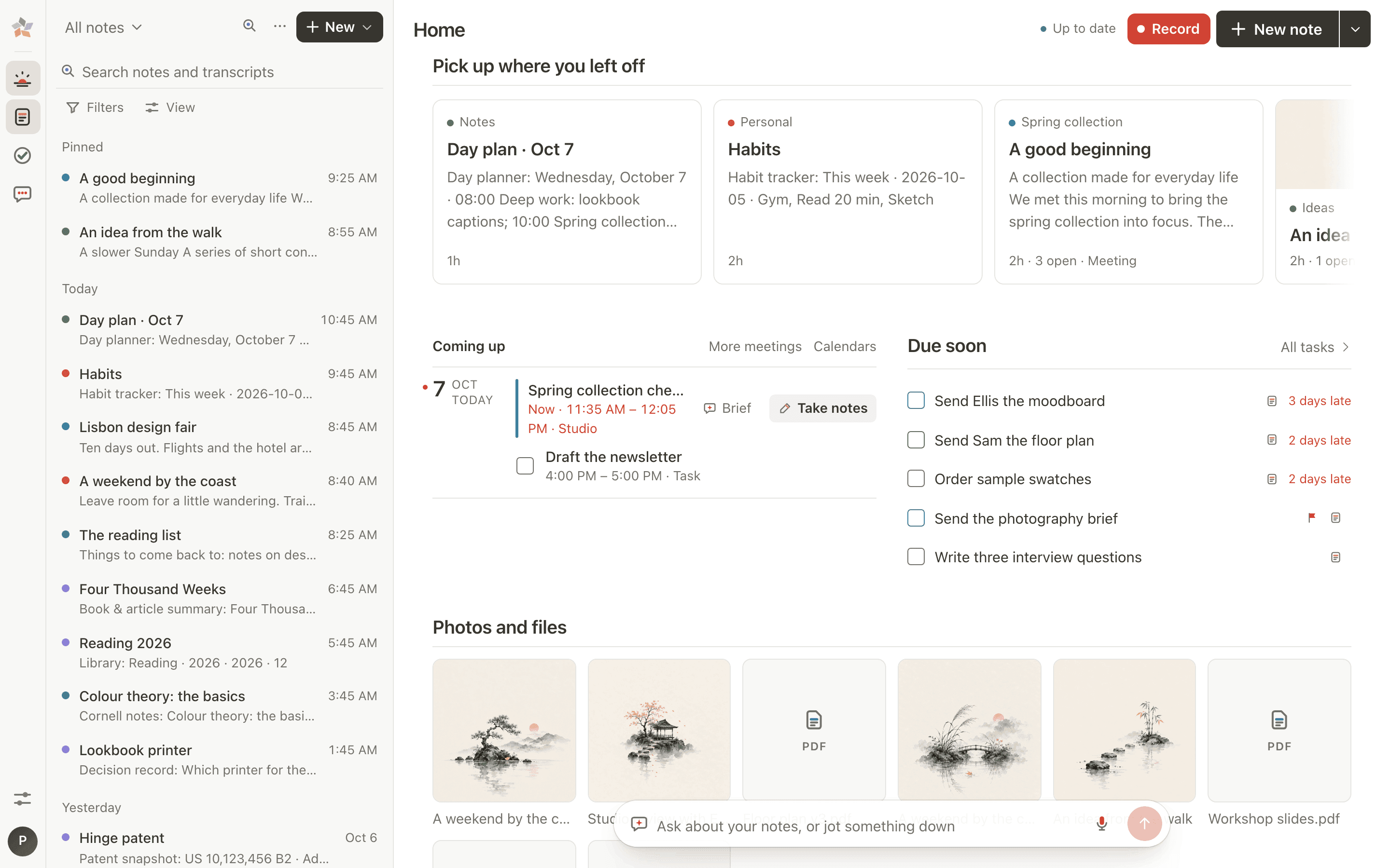 Home: notes to pick up where you left off, the meetings coming up from your calendars with Brief and Take notes, and the tasks due soon, each marked with its note