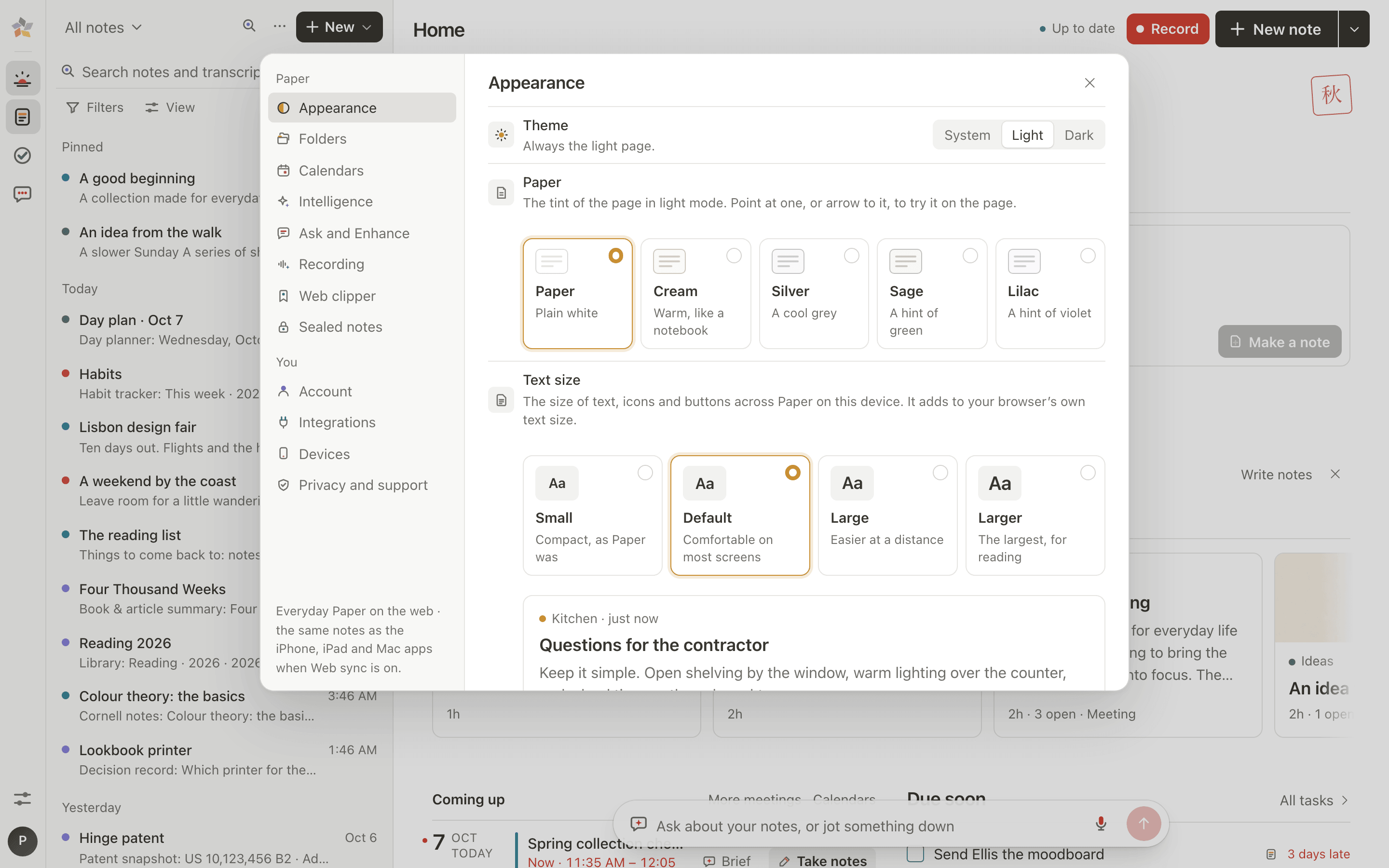 Settings › Appearance: theme, paper tint, and text size from Small to Larger
