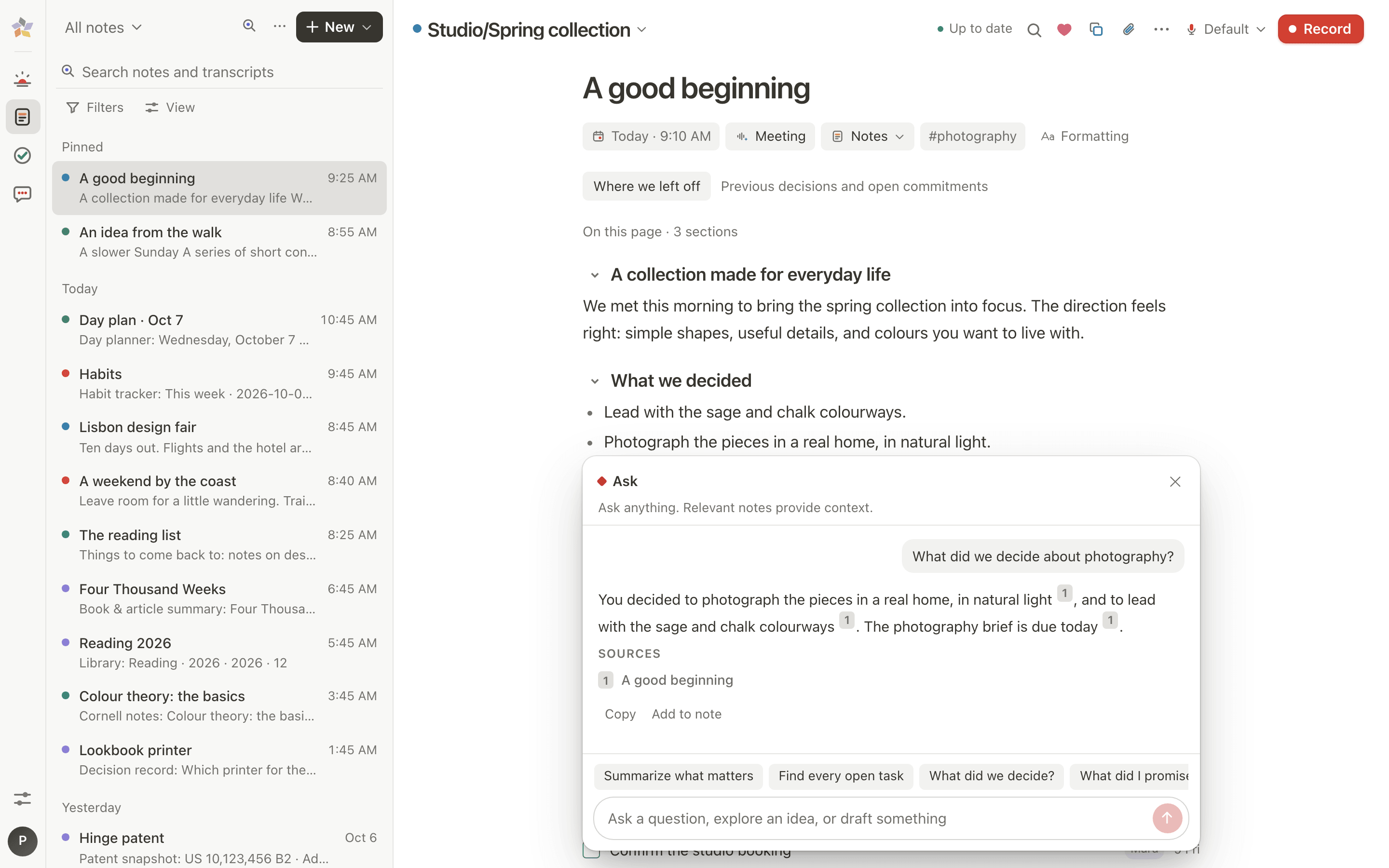 Ask, answering a question about a decision with numbered citations and the source note, with Copy and Add to note