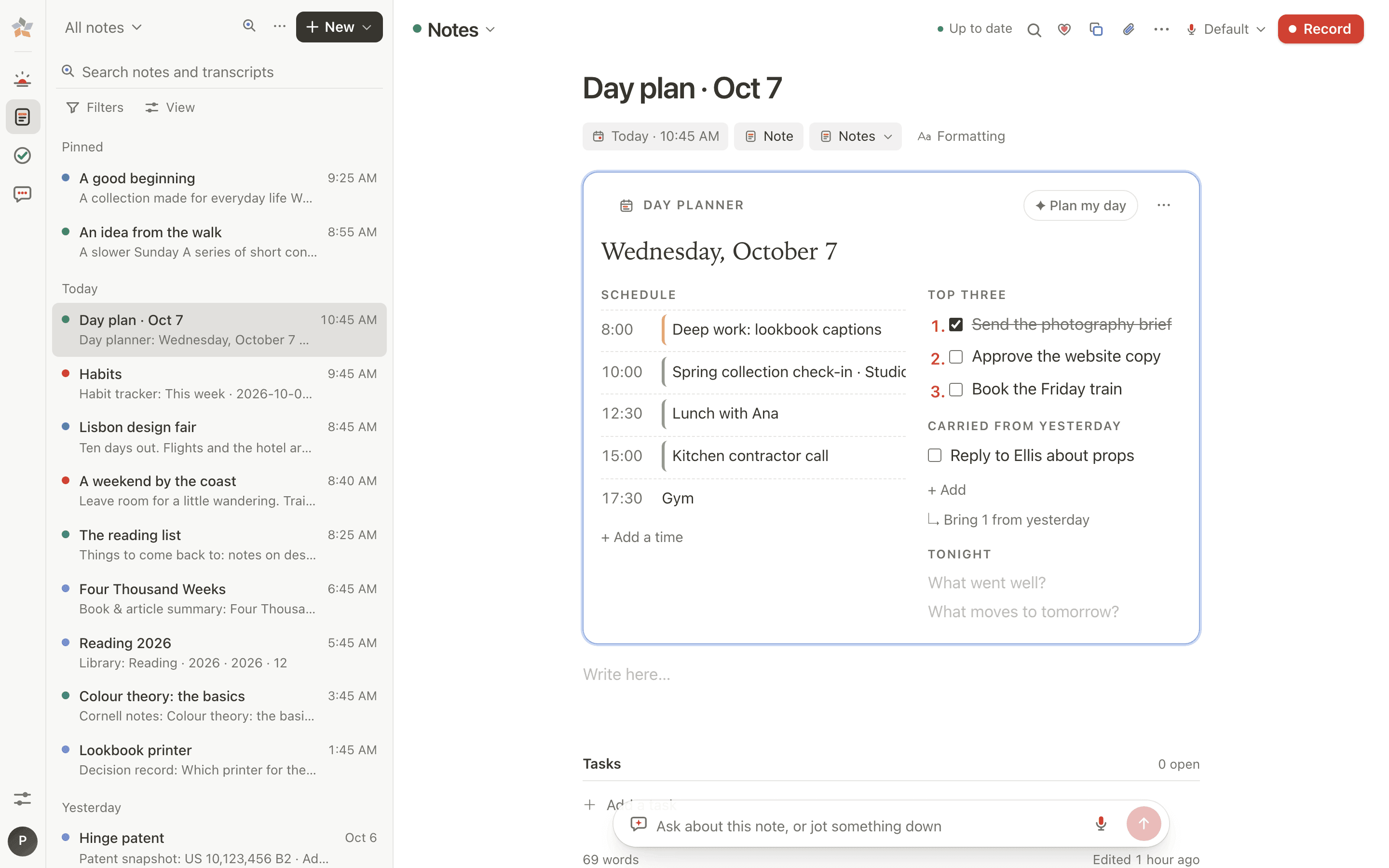 A Day planner frame in a note: the day’s schedule, a top three with one done, an item carried from yesterday, and a Plan my day button