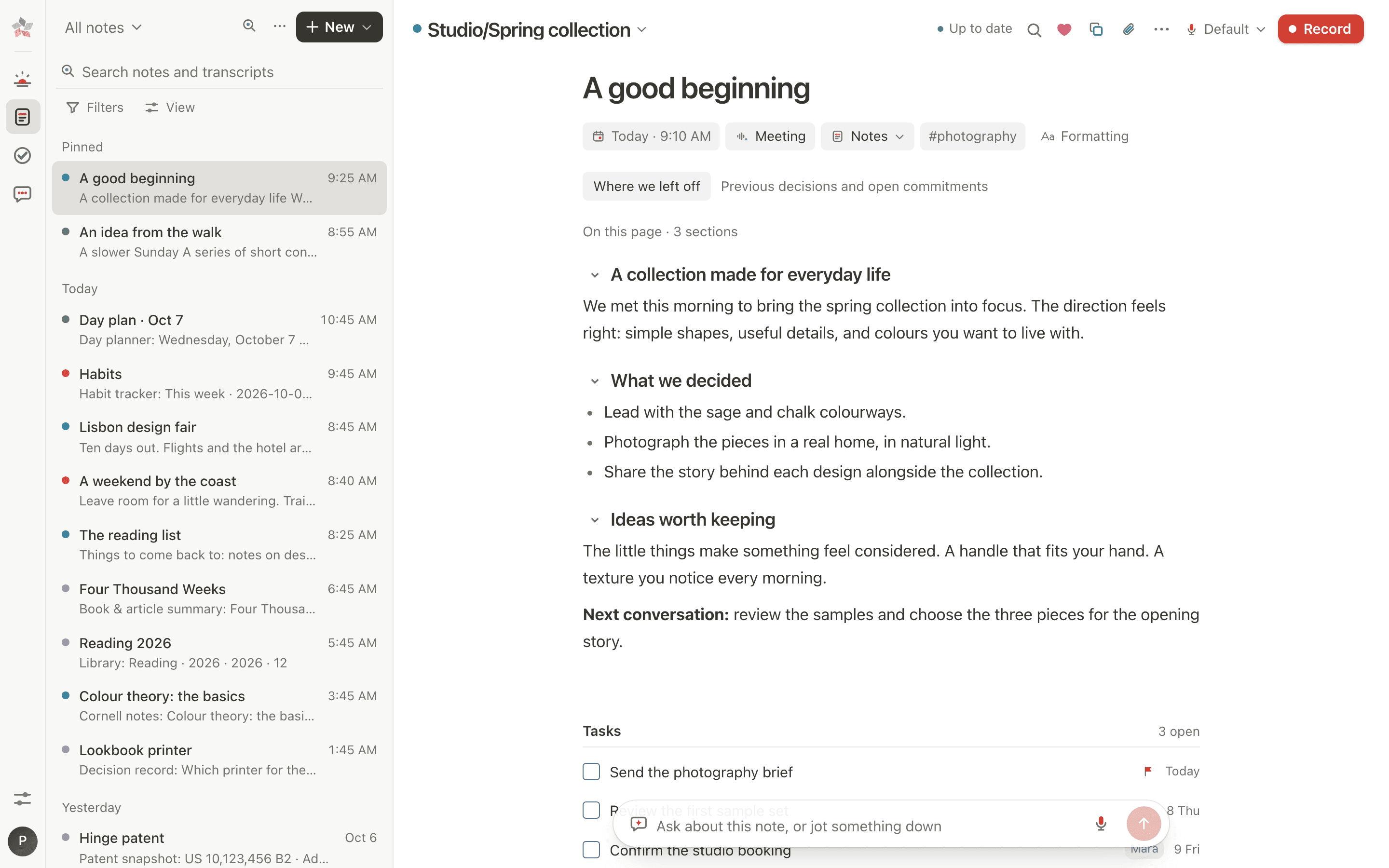 A meeting note with folding sections and what was decided; beside its title, the Date, Meeting and Notes view pills
