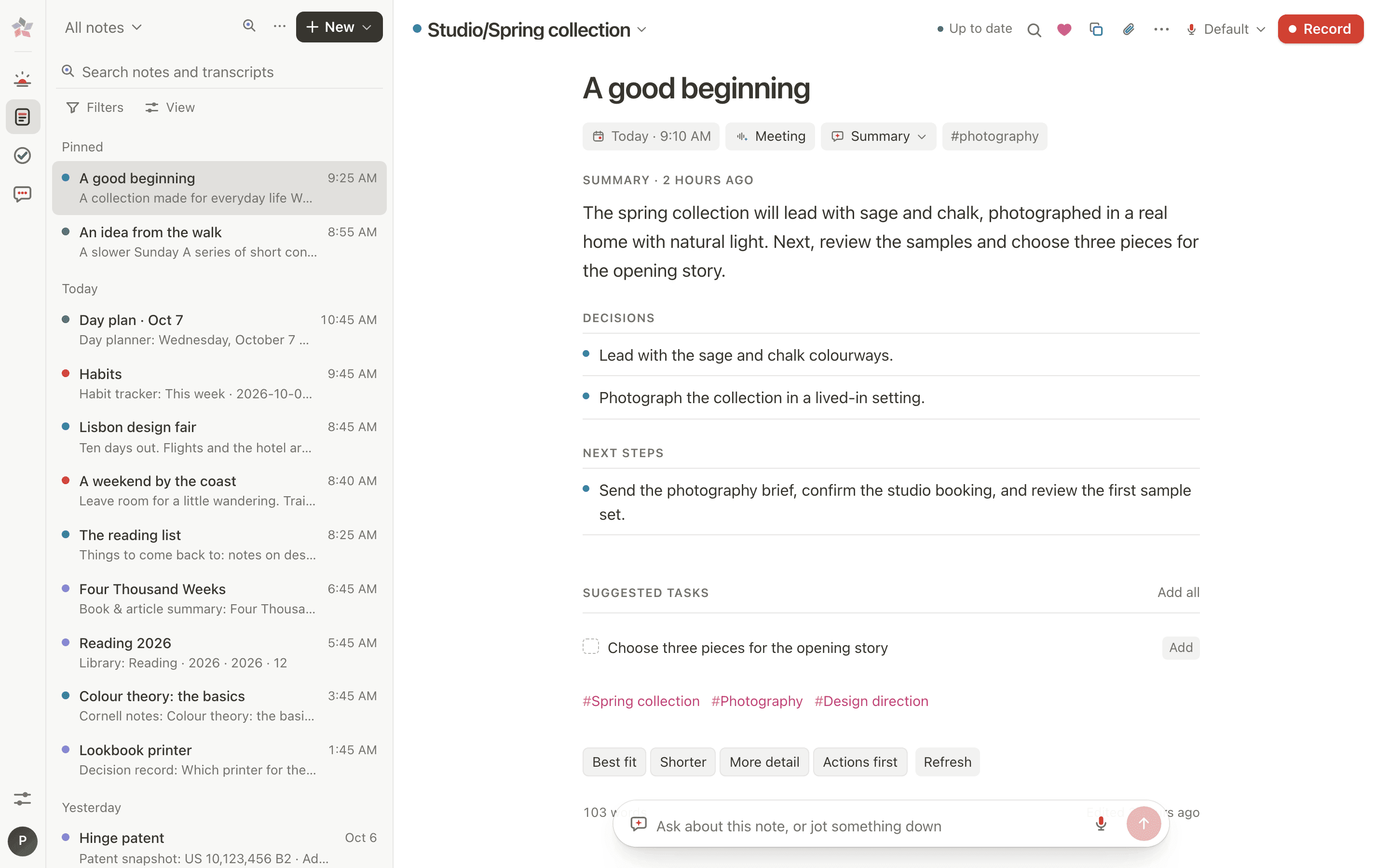 A meeting note’s Summary view: a short summary, decisions and next steps, suggested tasks, and Best fit, Shorter, More detail and Actions first