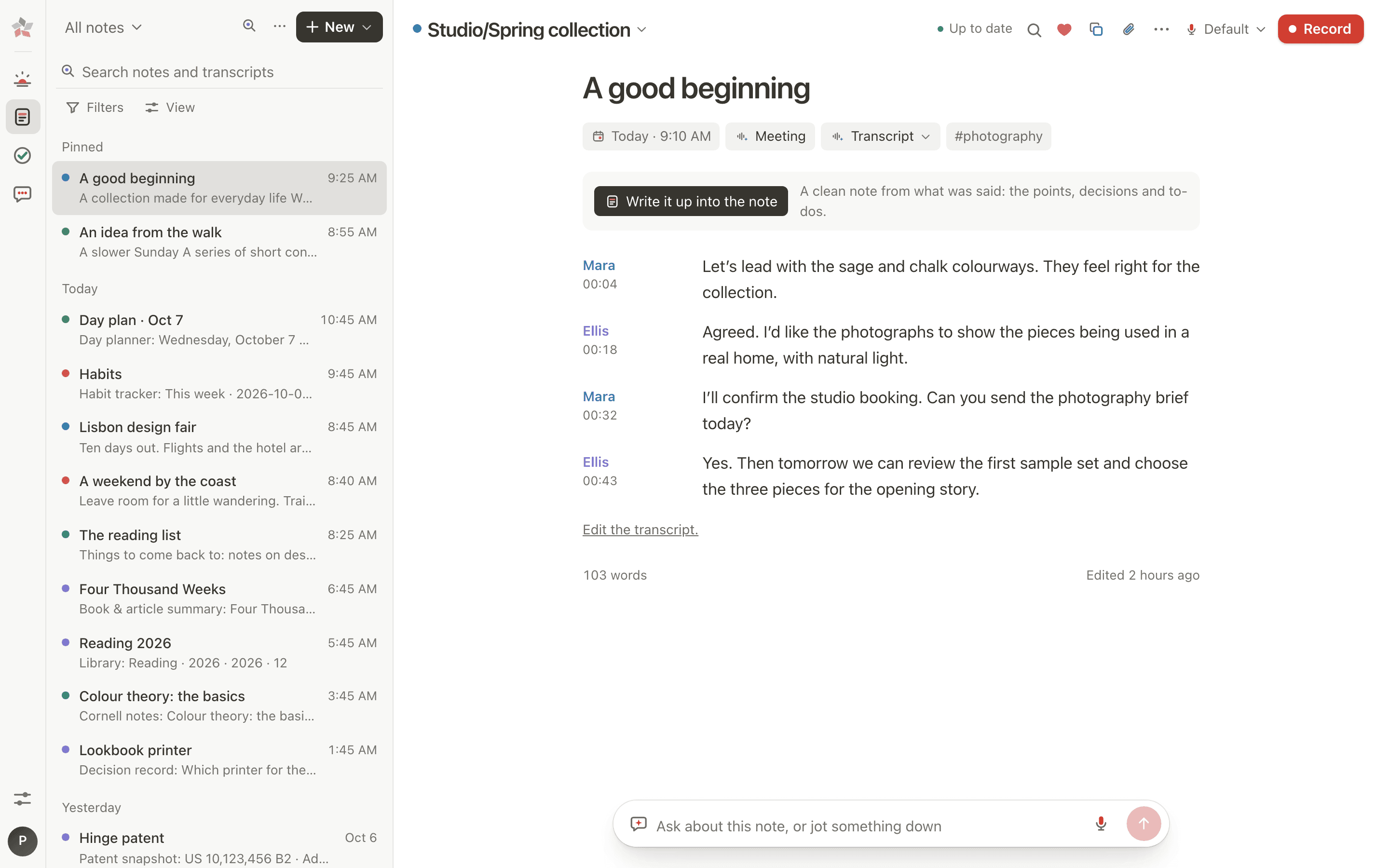A meeting note’s Transcript view: what each speaker said with timestamps, and a button to write it up into the note